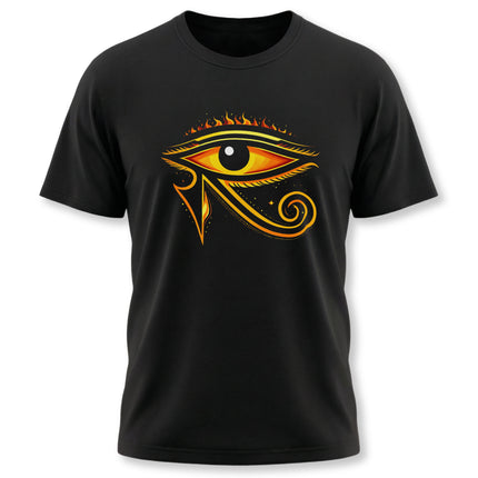 Fiery Eye of Horus symbol graphic on a black t-shirt. Egyptian protection design.