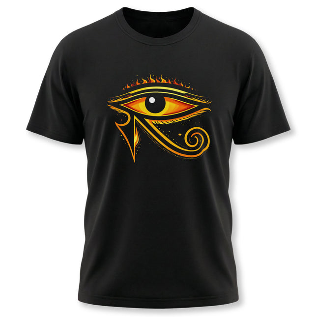 Fiery Eye of Horus symbol graphic on a black t-shirt. Egyptian protection design.