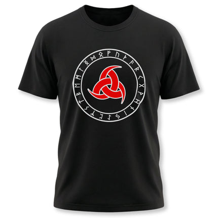 Norse graphic tee featuring Odin's triple horns and Elder Futhark rune circle design.