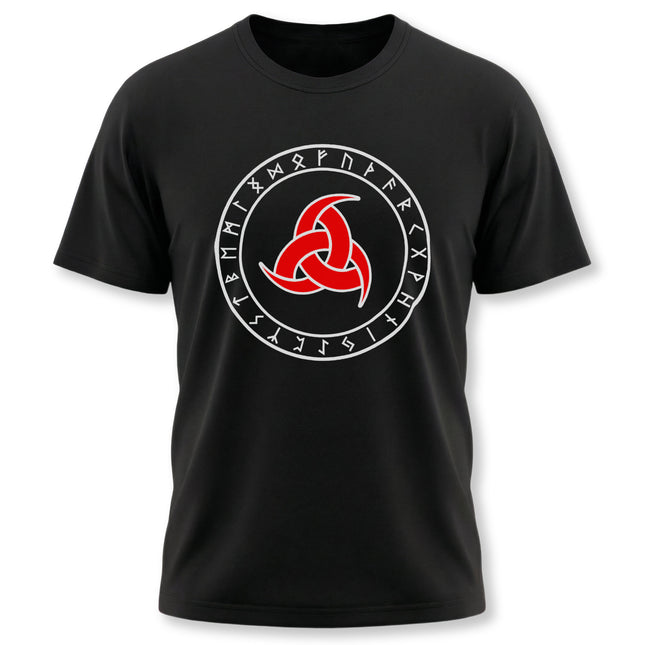 Norse graphic tee featuring Odin's triple horns and Elder Futhark rune circle design.