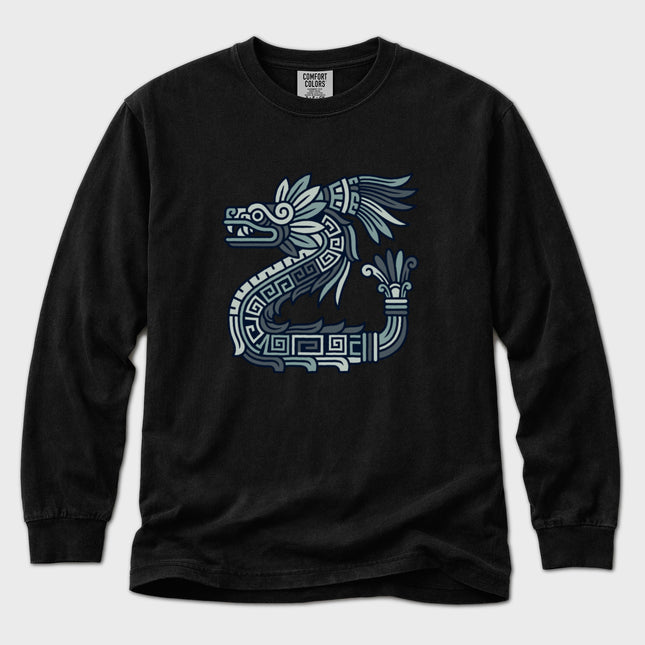 Kukulkan Maya Feathered Serpent graphic on a long sleeve t-shirt.