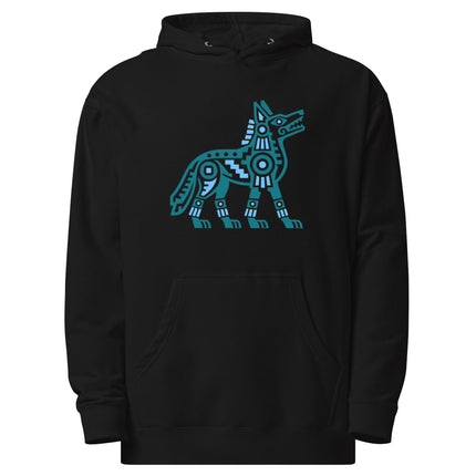 Aztec Coyote Hoodie | Teal and Blue Geometric Canine Graphic