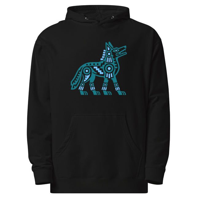 Aztec Coyote Hoodie | Teal and Blue Geometric Canine Graphic