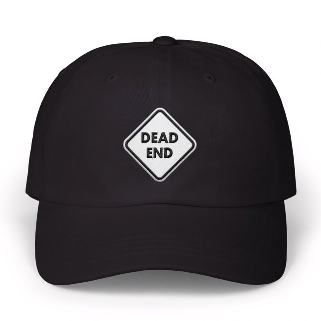 Black baseball cap with embroidered "DEAD END" warning sign graphic.