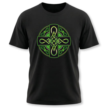 Green Celtic Cross knotwork graphic on a black t-shirt.