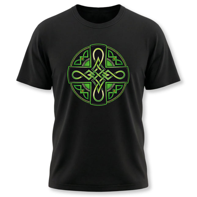 Green Celtic Cross knotwork graphic on a black t-shirt.