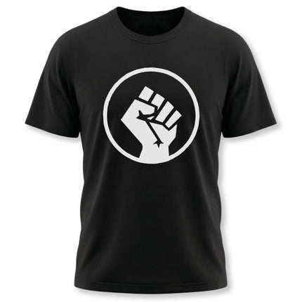 Black t-shirt with white raised fist graphic symbolizing solidarity and resistance.