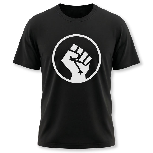 Black t-shirt with white raised fist graphic symbolizing solidarity and resistance.