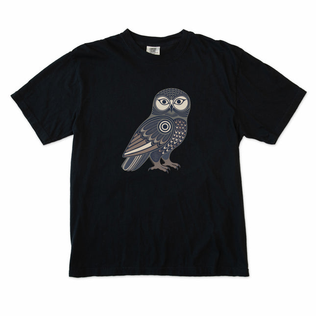 Geometric tribal owl graphic on an Inuit-inspired comfort colors t-shirt.