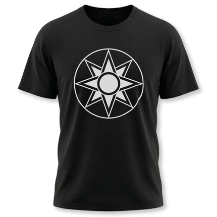Black t-shirt featuring the Star of Ishtar, an 8-pointed Mesopotamian goddess symbol.