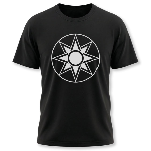 Black t-shirt featuring the Star of Ishtar, an 8-pointed Mesopotamian goddess symbol.