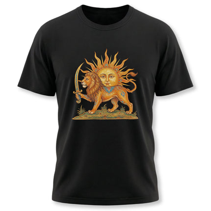 Lion and Sun (Shir-o-Khorshid) Persian symbol graphic on a black t-shirt, representing Iranian heritage.