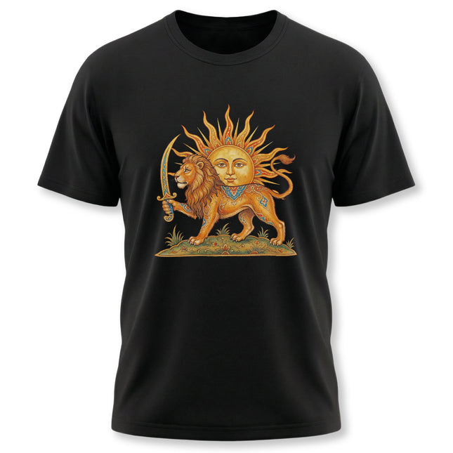 Lion and Sun (Shir-o-Khorshid) Persian symbol graphic on a black t-shirt, representing Iranian heritage.