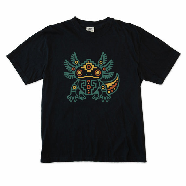 Aztec Axolotl T-Shirt | Geometric Salamander Design in Green and Gold Tee