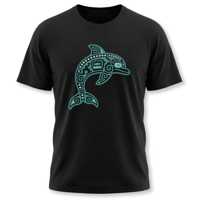 Mayan Dolphin T-Shirt | Teal Geometric Marine Animal Illustration Tee