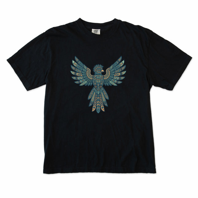 Tribal eagle spirit animal t-shirt featuring geometric Mayan and Aztec cultural patterns.