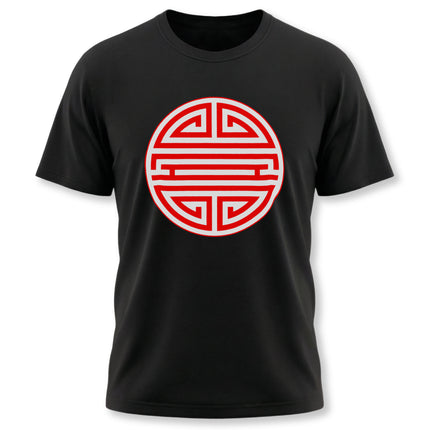 Black t-shirt featuring the red Shou longevity symbol, a traditional Chinese graphic design.