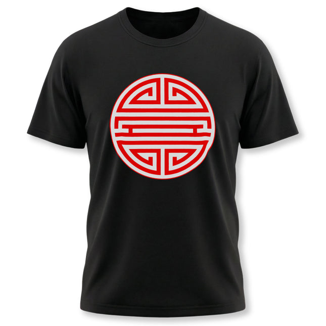 Black t-shirt featuring the red Shou longevity symbol, a traditional Chinese graphic design.