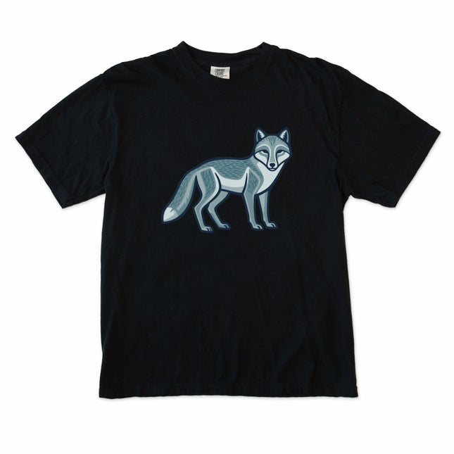 Geometric arctic fox graphic tee featuring inuit inspired geometric wildlife patterns.