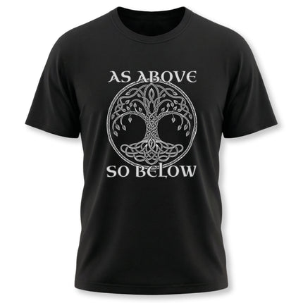 Celtic Tree of Life graphic tee with "As Above So Below" text on black shirt.