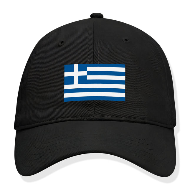 Black baseball cap featuring the Greek flag. Show your national pride and support for Greece.