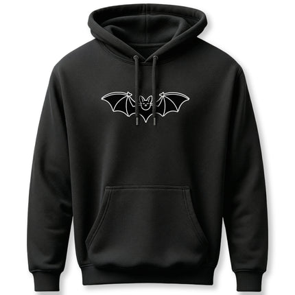 Minimalist black graphic featuring flying bat line art.