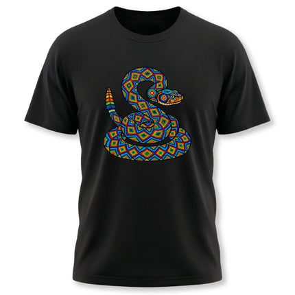 Geometric rattlesnake t-shirt in vibrant Huichol Mexican folk art style.