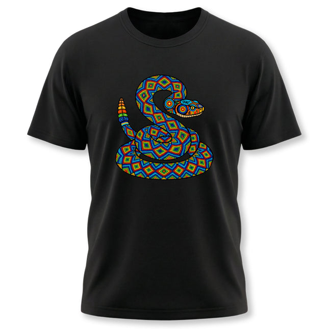 Geometric rattlesnake t-shirt in vibrant Huichol Mexican folk art style.