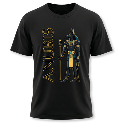 Anubis Egyptian god graphic t-shirt featuring gold detailing and ancient Egyptian mythology art.