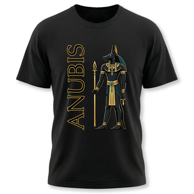 Anubis Egyptian god graphic t-shirt featuring gold detailing and ancient Egyptian mythology art.