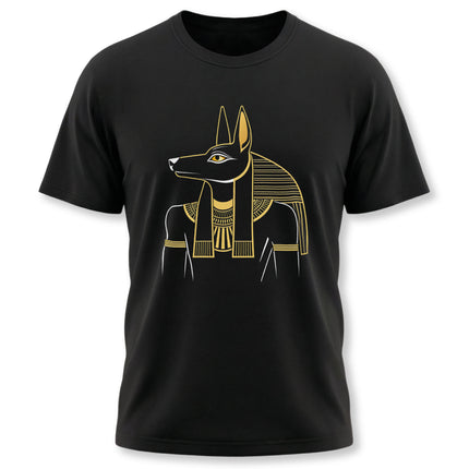 Gold Anubis Egyptian jackal god graphic on a black t-shirt.