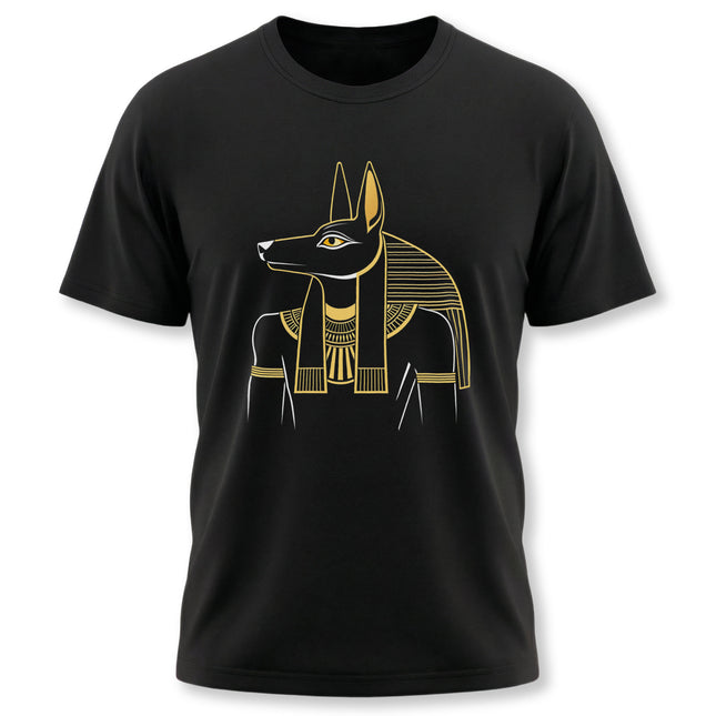 Gold Anubis Egyptian jackal god graphic on a black t-shirt.