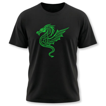 Green Celtic knotwork dragon graphic tee on a black t-shirt.