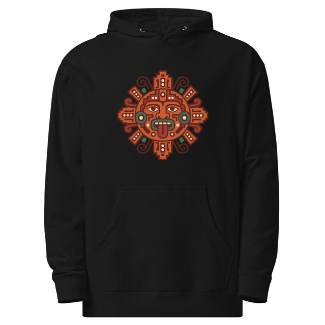 Mesoamerican Sun Hoodie | Mayan Orange Geometric Face Emblem Design