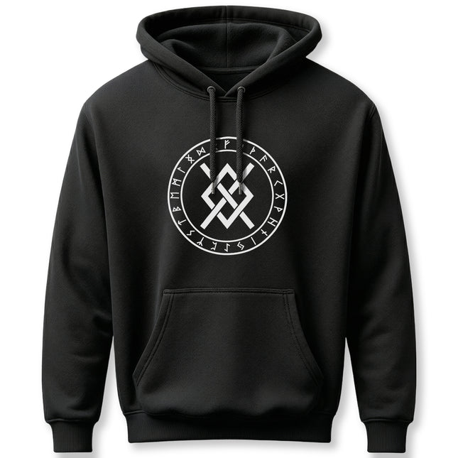 Norse rune hoodie featuring Odin's symbol and the complete Elder Futhark rune circle design.