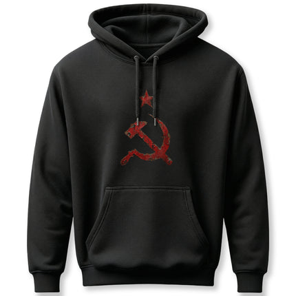 Black hoodie featuring a distressed red hammer and sickle communist symbol.