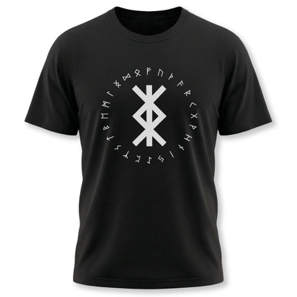 Black t-shirt featuring the Bind Rune and the full Elder Futhark runic alphabet for Norse protection.