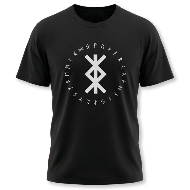 Black t-shirt featuring the Bind Rune and the full Elder Futhark runic alphabet for Norse protection.