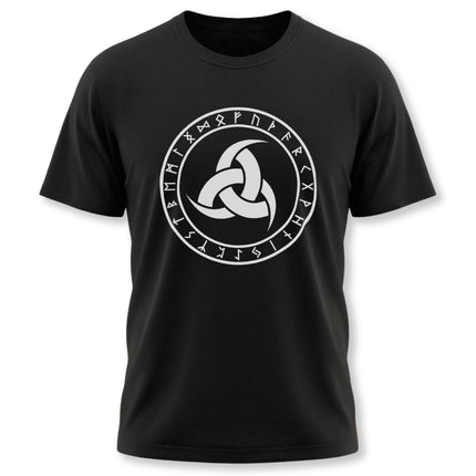 Norse Odin's horns rune circle graphic tee. Viking mythology t-shirt design.