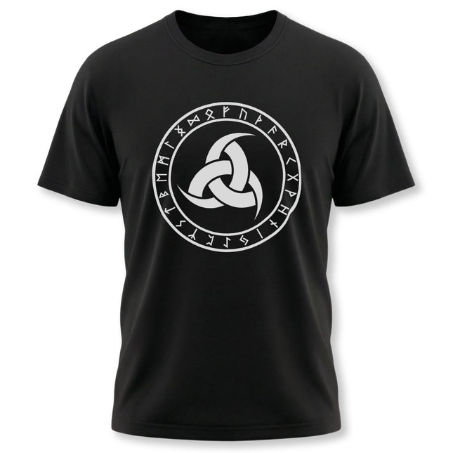Norse Odin's horns rune circle graphic tee. Viking mythology t-shirt design.
