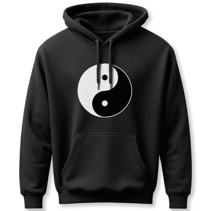 Black hoodie featuring the white Yin Yang symbol of cosmic balance and duality.