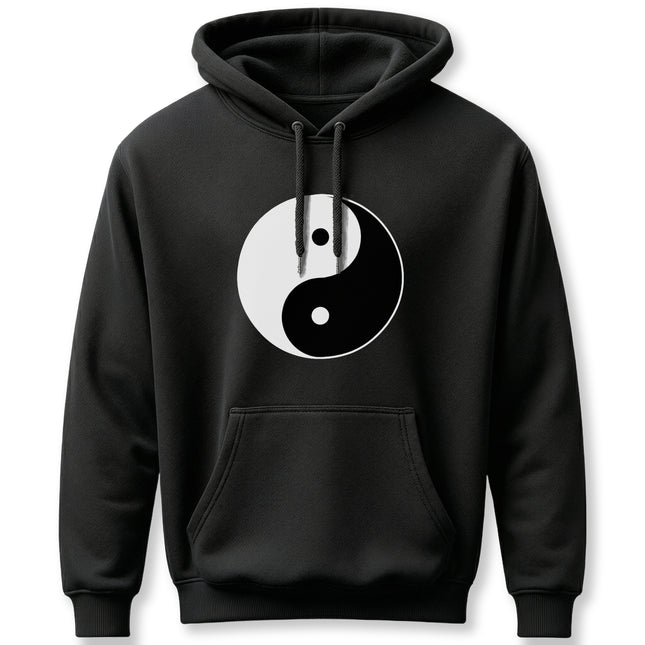 Black hoodie featuring the white Yin Yang symbol of cosmic balance and duality.
