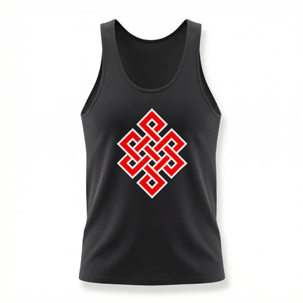 Red Endless Knot Buddhist symbol graphic on a black tank top.
