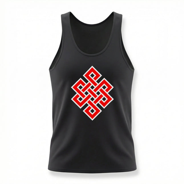 Red Endless Knot Buddhist symbol graphic on a black tank top.