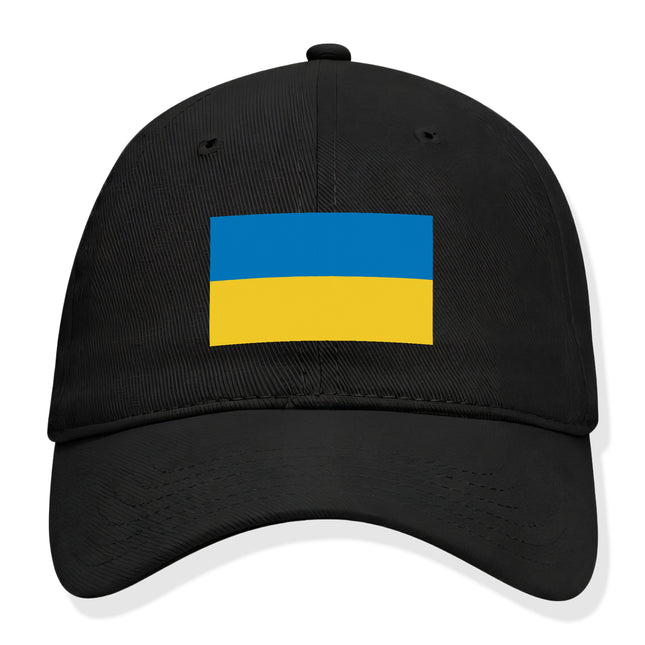 Black baseball cap featuring the blue and yellow Ukrainian flag.