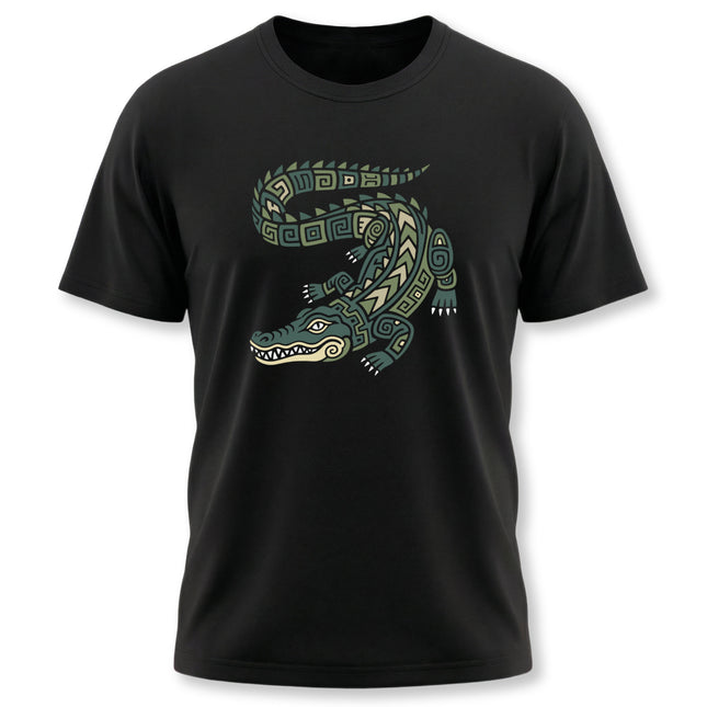 Mayan Crocodile T-Shirt | Curled Reptile with Geometric Patterns Tee