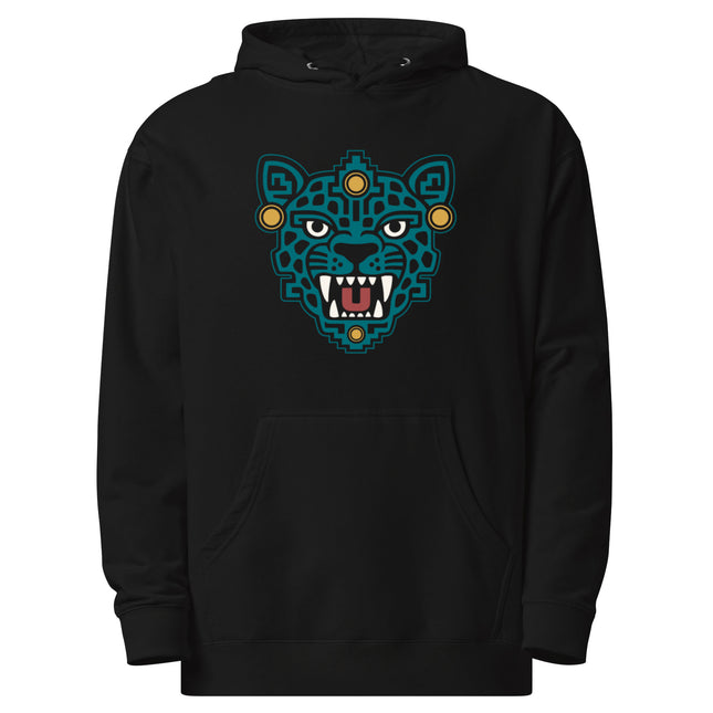 Aztec Jaguar Mask Hoodie | Teal Feline Face with White Fangs