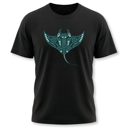 Mayan Manta Ray T-Shirt | Teal Patterned Wings and Sweeping Tail Tee
