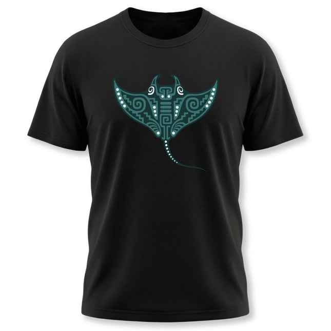 Mayan Manta Ray T-Shirt | Teal Patterned Wings and Sweeping Tail Tee