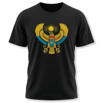 Ancient Egyptian Ra falcon graphic tee featuring the Sun God motif.